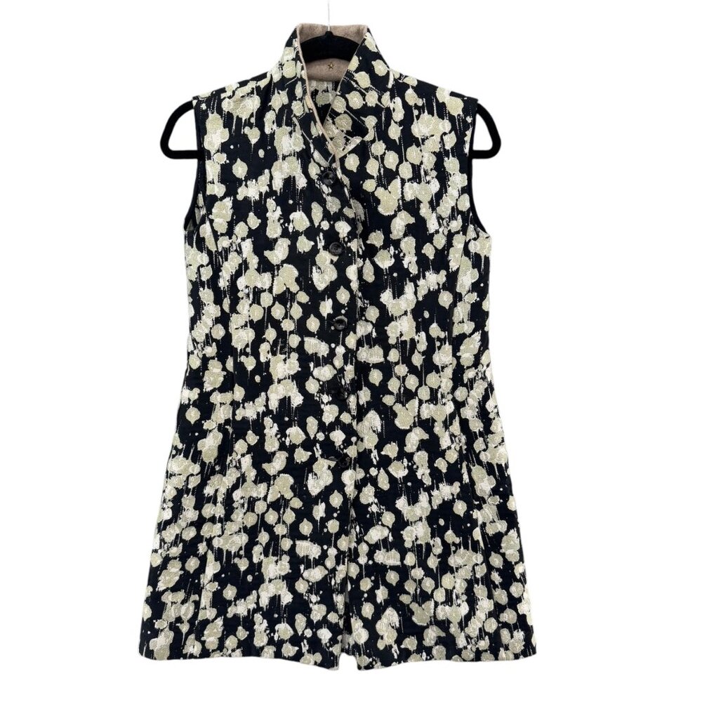 RTW Charleston Tunic Top Womens Black Gold Silks Sleeveless Button Front Size S